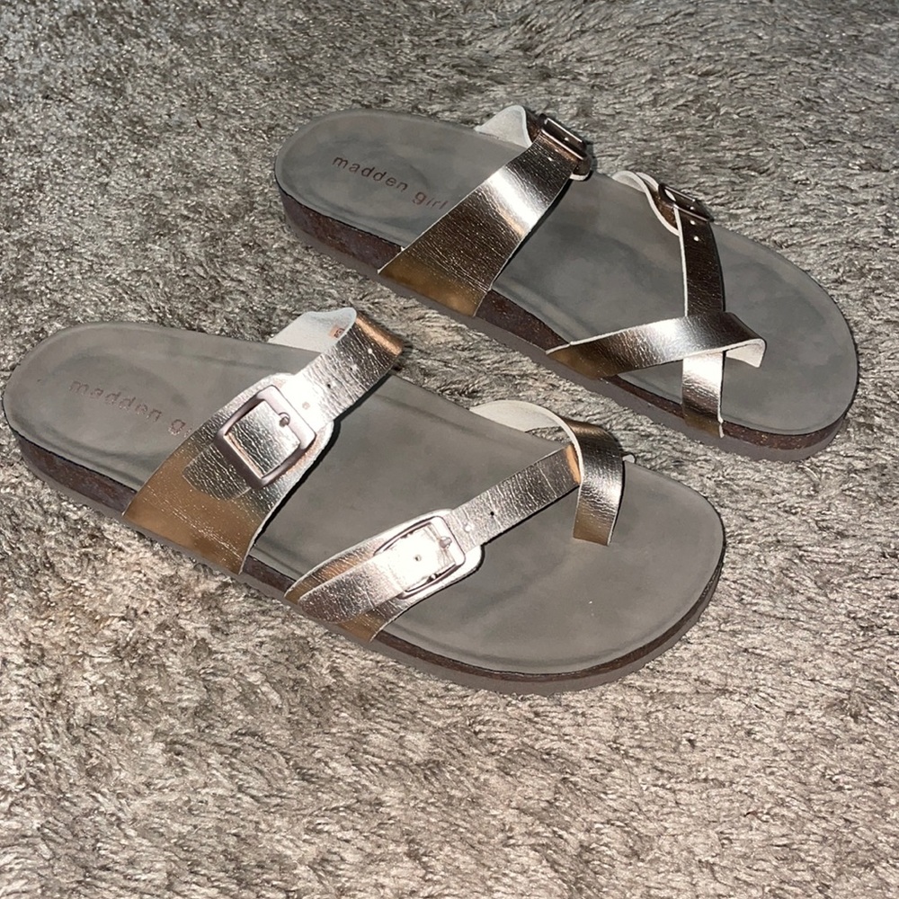 Size 8, rose gold Madden Girl sandals.